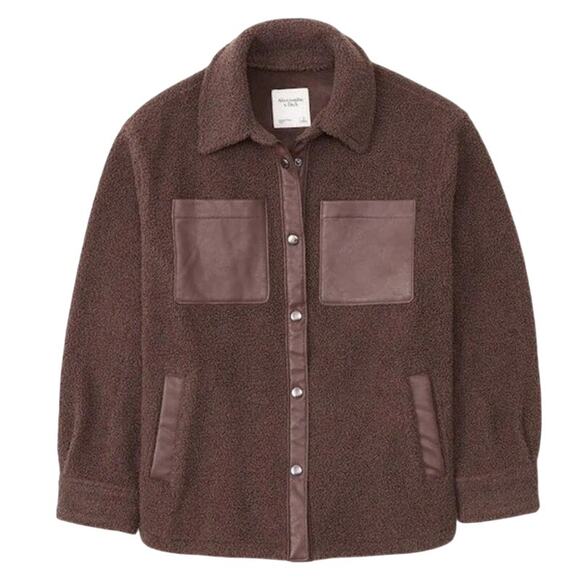 Abercrombie & Fitch Sherpa Jacket Elevated Trim Snap Front Fleece Brown Small - Picture 1 of 8